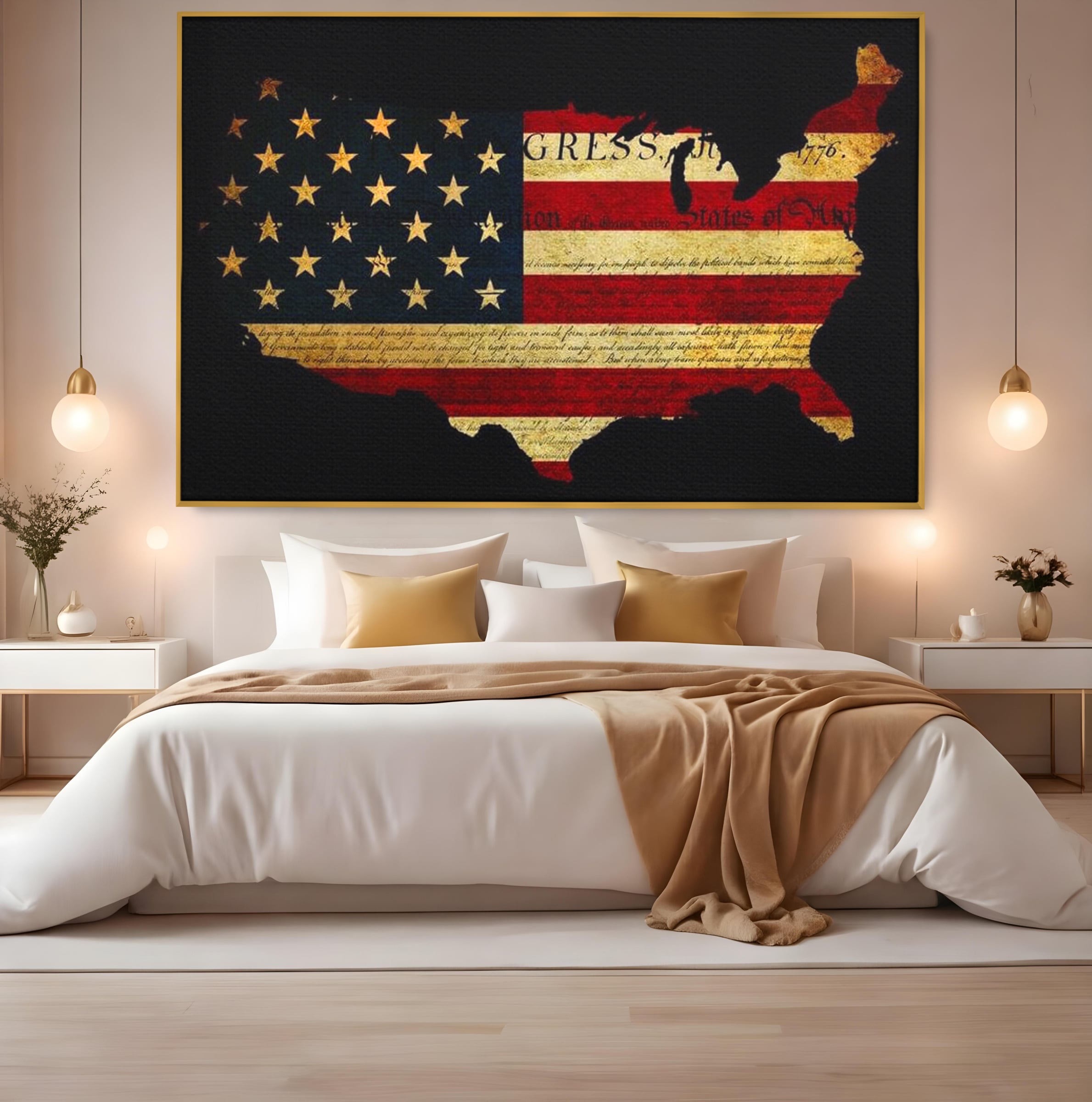 Tablou canvas cu tablou canvas cu harta statelor unite si steagul american, in rama de aluminiu auriu, pe perete intr-un dormitor